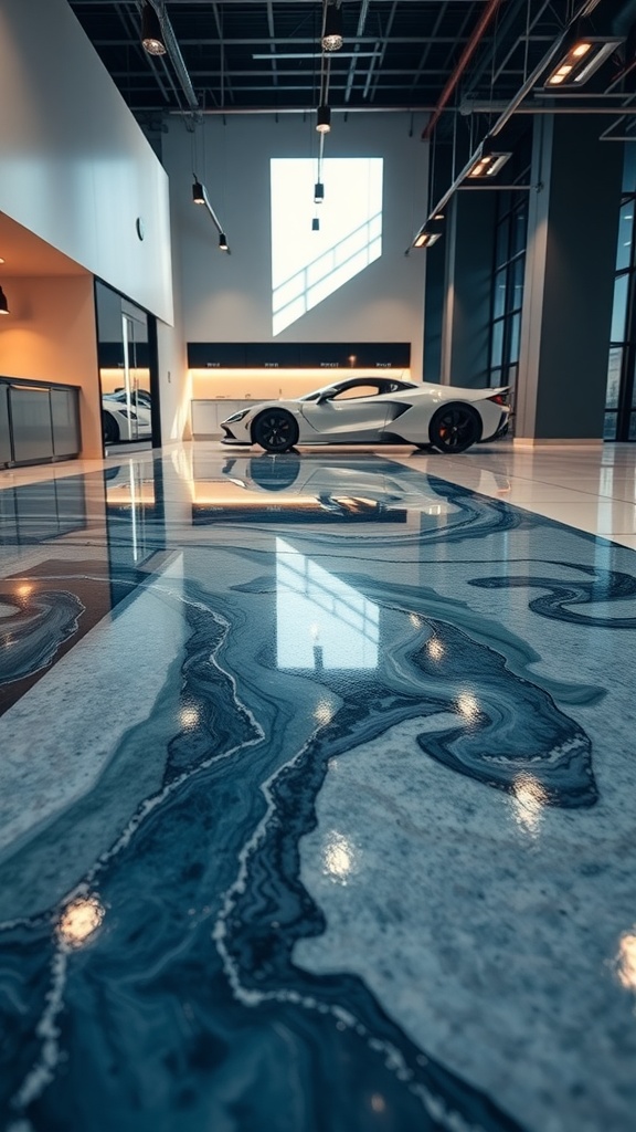 A sleek epoxy floor featuring a marbled design with metal flakes, showcasing a modern interior.