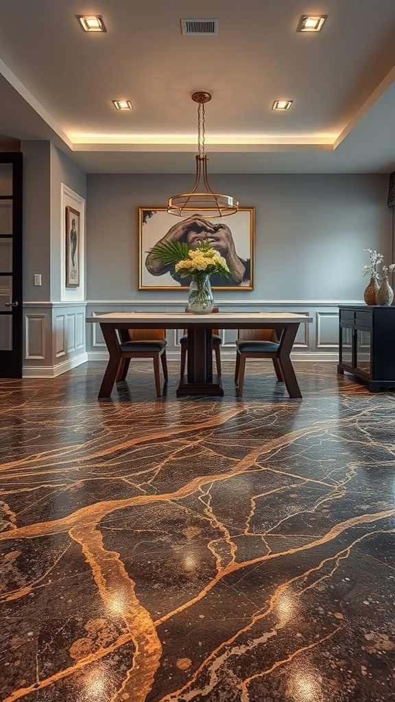 A modern kitchen with a colorful epoxy floor featuring teal, pink, and blue swirls, showcasing a luxurious and artistic design.