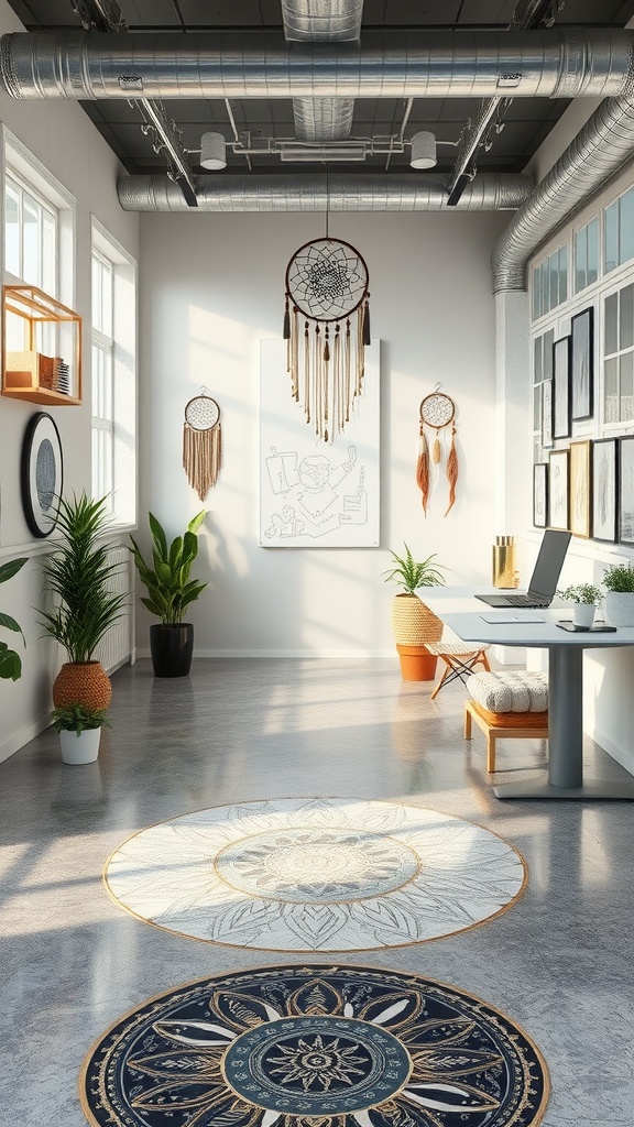 Bright room with epoxy floors featuring circular metallic designs and bohemian decor.