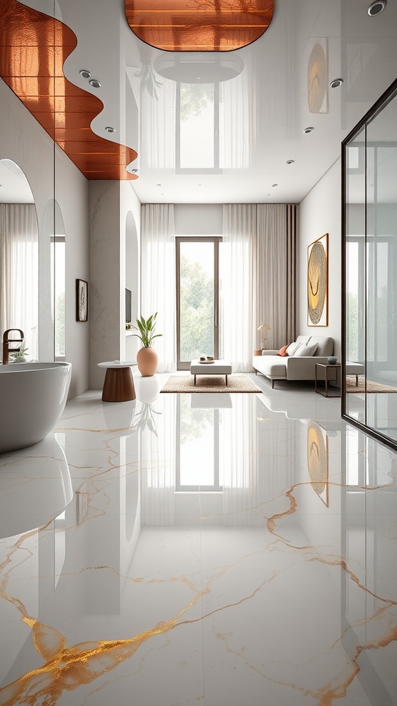 Stylish interior showcasing metallic copper and bronze blend flooring