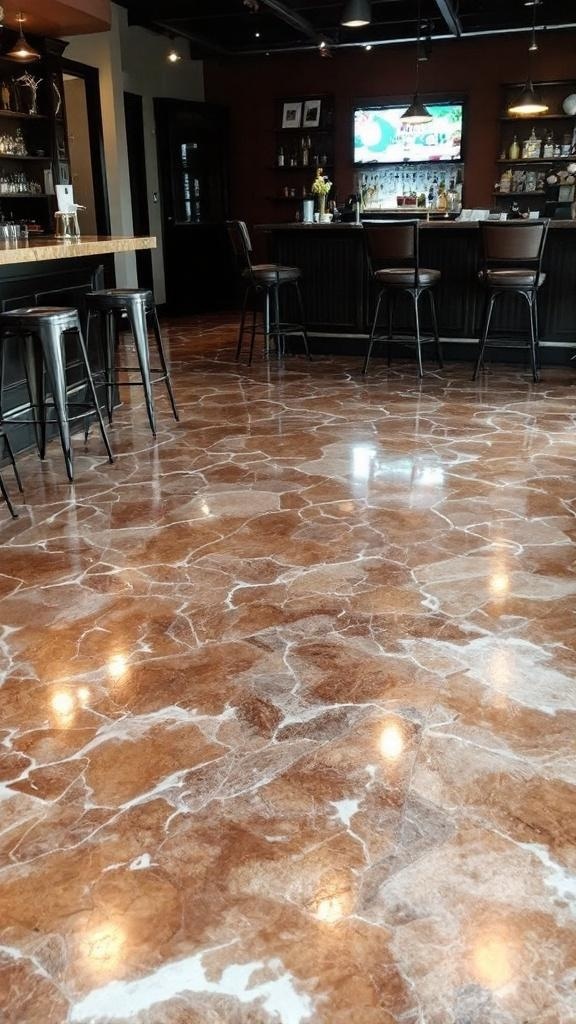 A stylish bar area featuring a metallic copper and bronze blend epoxy floor, showcasing its reflective surface and unique patterns.
