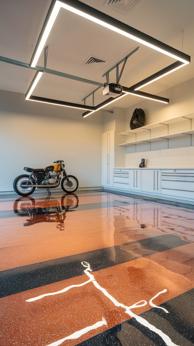 A garage with a metallic copper and charcoal blend epoxy floor, featuring a motorcycle and modern lighting.