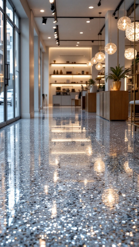 Shiny metallic epoxy floor in a modern interior space.
