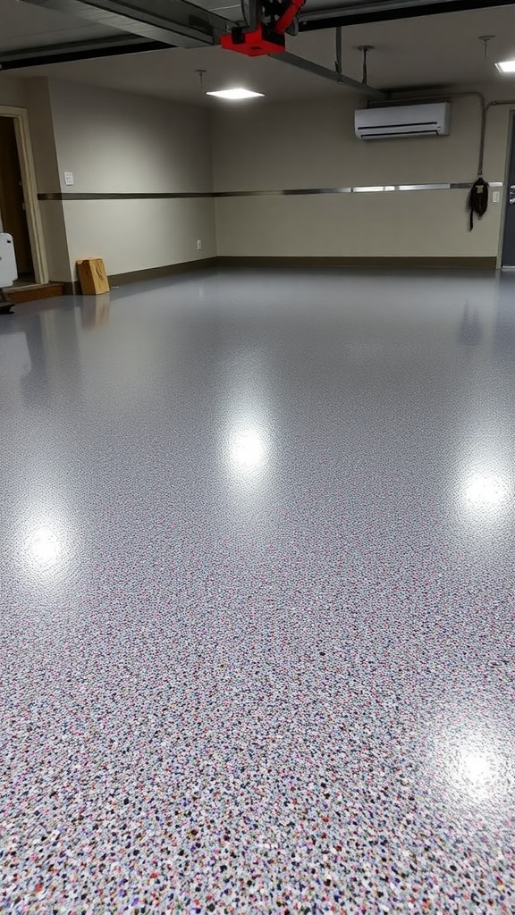 Garage with a metallic epoxy checkered floor and a white car parked inside.