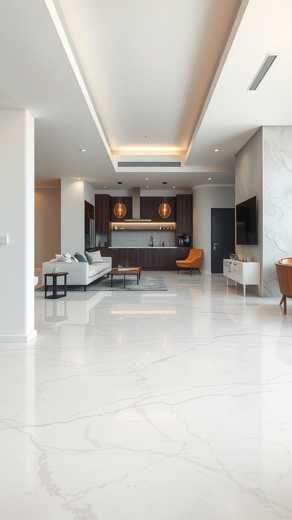 A modern living area with light grey metallic epoxy floor and contemporary furniture.