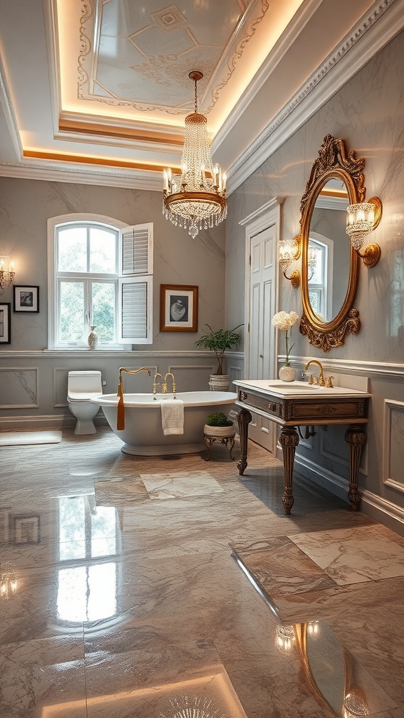 A luxurious bathroom featuring a metallic epoxy floor, chandelier, and elegant decor.