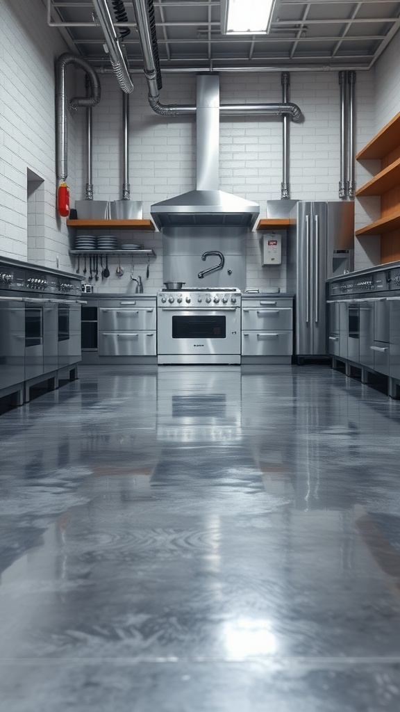 A modern kitchen with metallic epoxy flooring