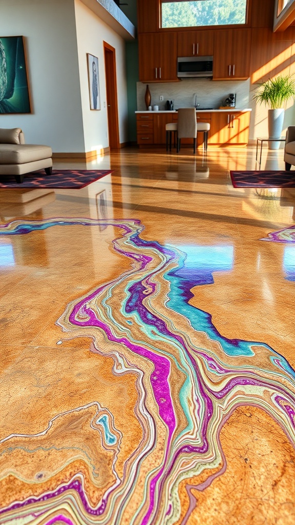 A stunning metallic epoxy floor with vibrant swirling colors resembling a river, enhancing a modern interior space.
