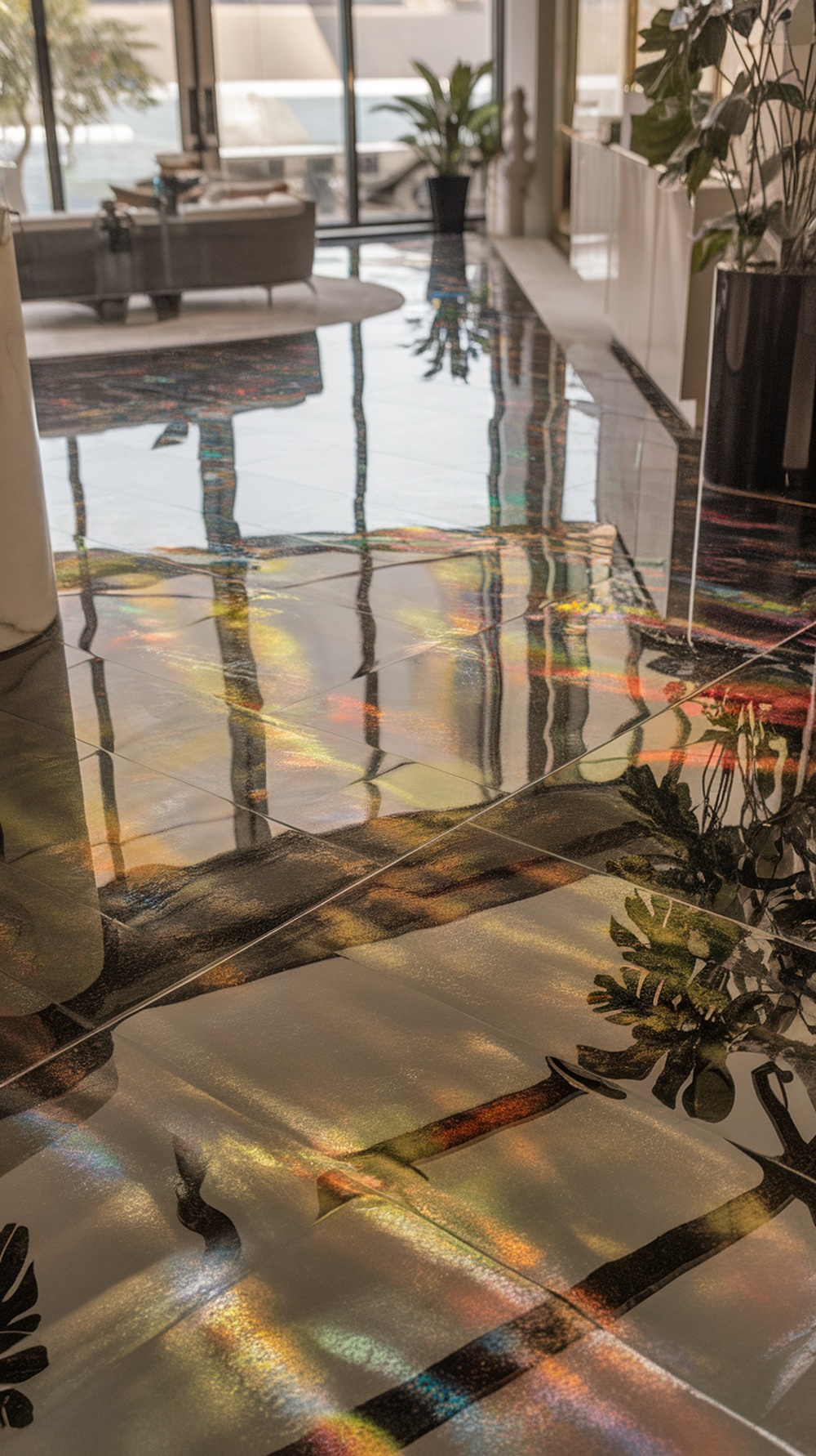 A beautifully designed metallic epoxy floor reflecting light and colors.