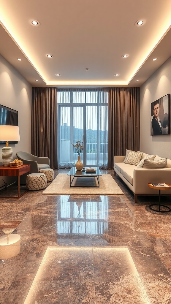 Living room featuring a sleek metallic epoxy floor with modern furniture.