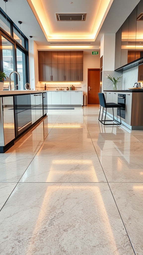 A modern kitchen with a glossy metallic epoxy floor, showcasing a stylish interior design.