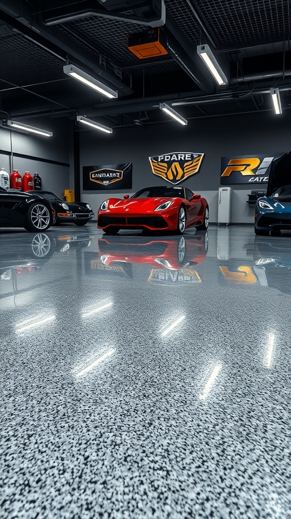A luxury garage with metallic epoxy flooring and sleek cars