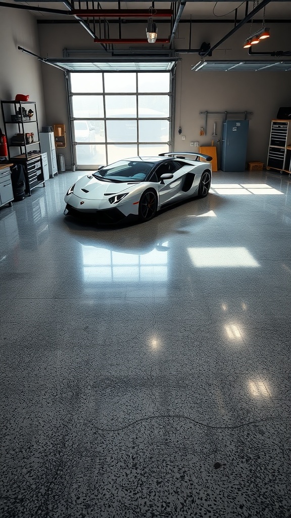 A stylish garage with metallic epoxy flooring and a luxury sports car.