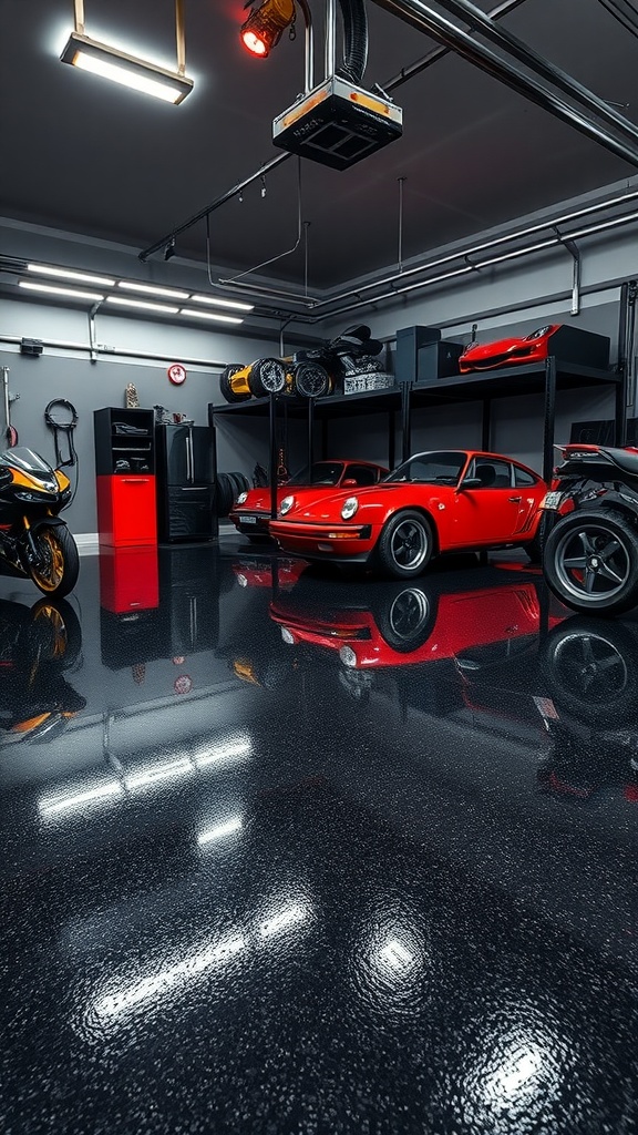 A modern garage featuring a shiny black epoxy floor with luxury sports cars and bikes