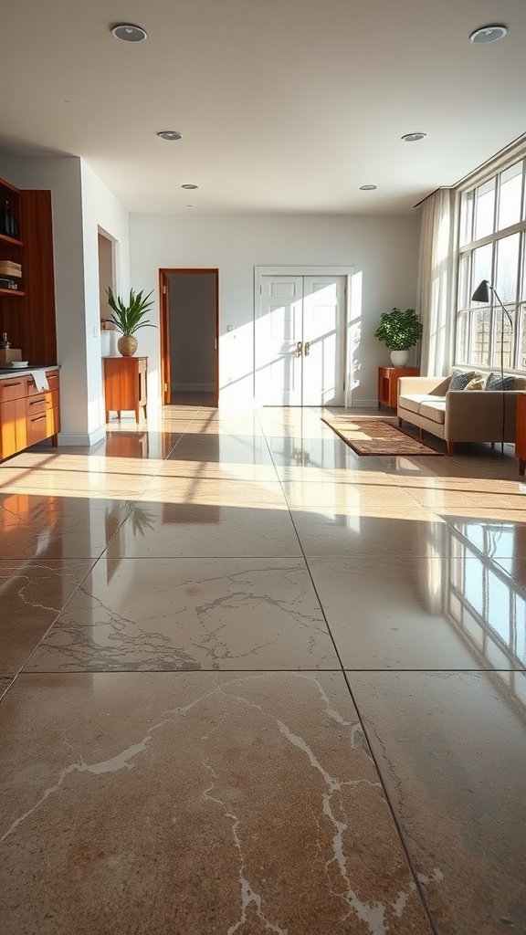 Interior view of a modern home showcasing shiny metallic epoxy flooring.