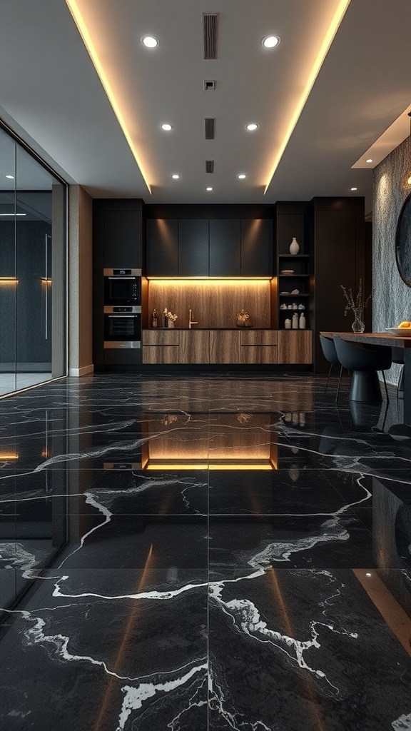A luxurious black epoxy floor with white veining, showcasing modern kitchen design.
