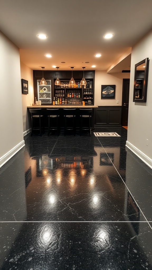 Stylish basement bar with a glossy black epoxy floor and modern decor