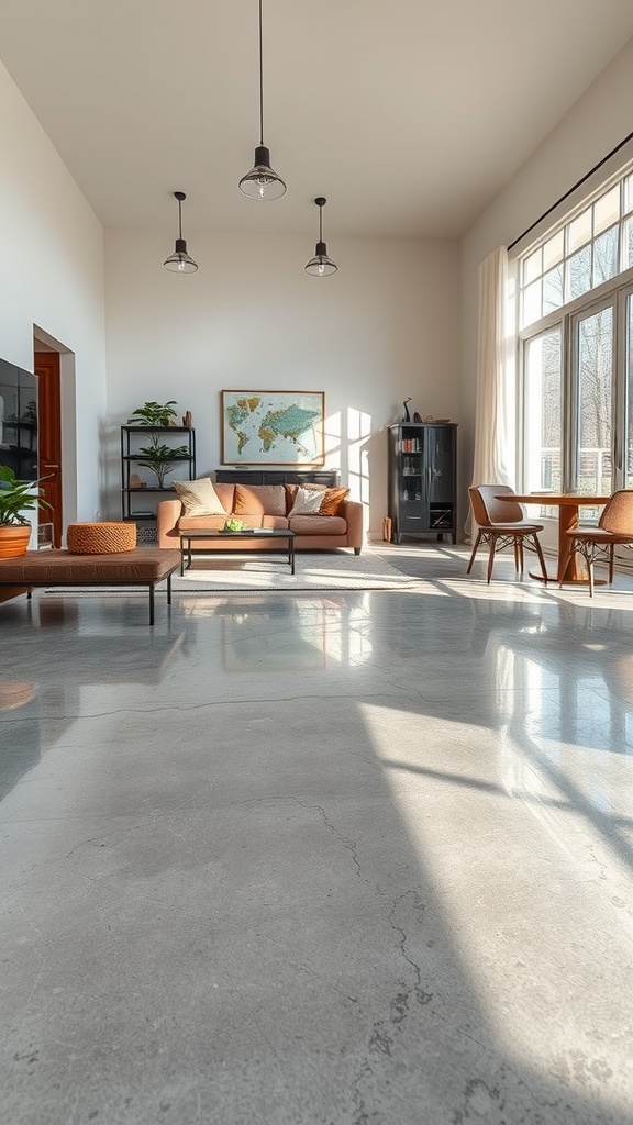Modern living room with metallic epoxy floor reflecting light