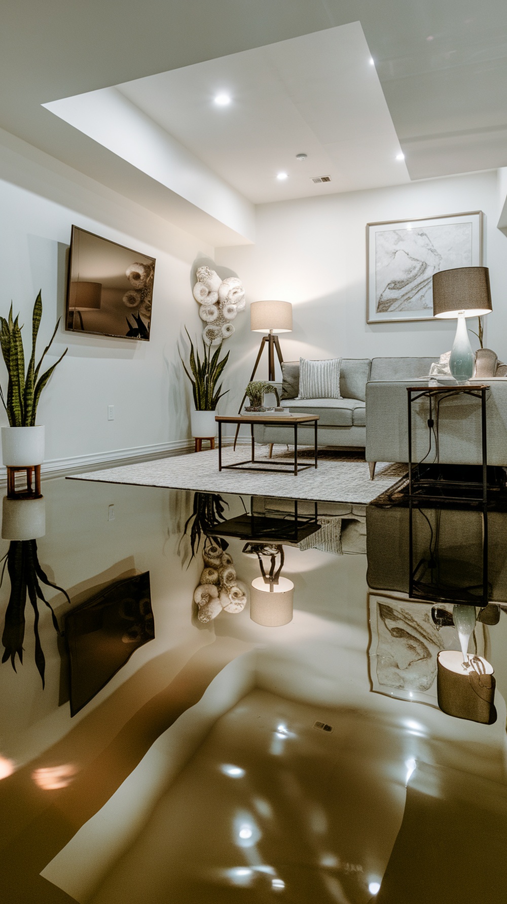 A modern living room with a light gray metallic epoxy floor reflecting furniture and decor.