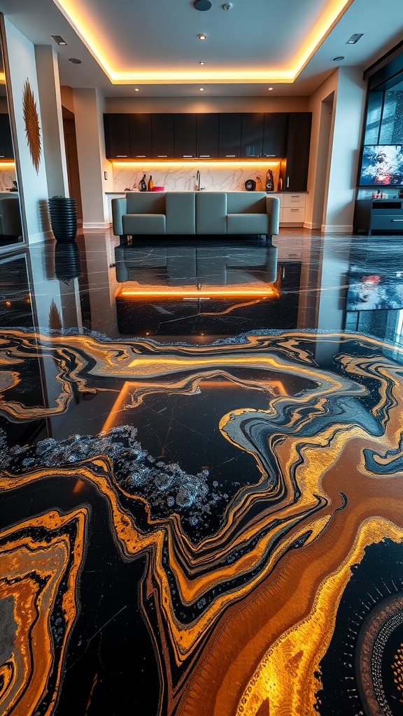 A luxurious living area featuring a metallic epoxy floor design with dark and gold marbled patterns.
