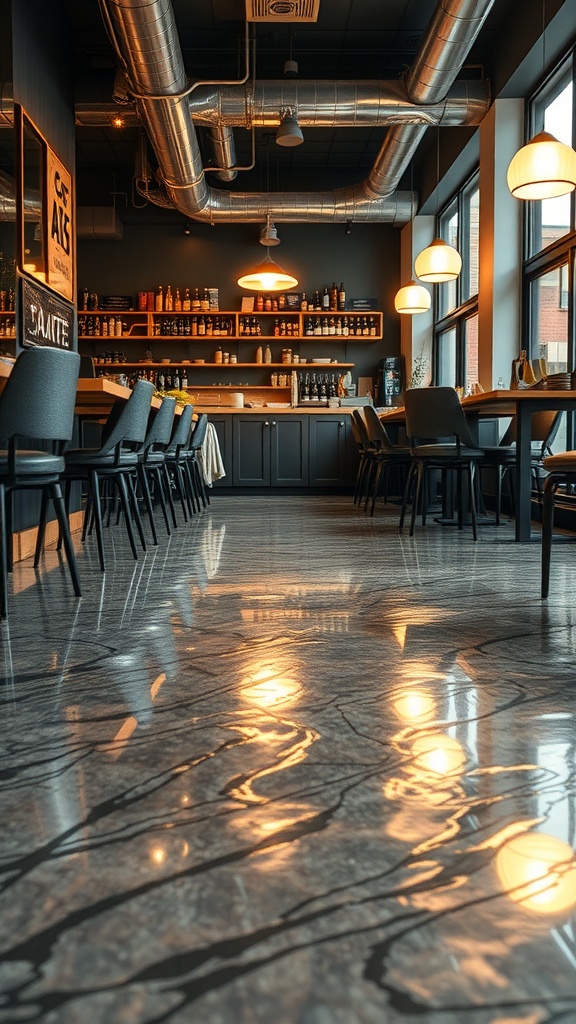 Interior of a restaurant featuring metallic epoxy flooring with reflections and a modern design