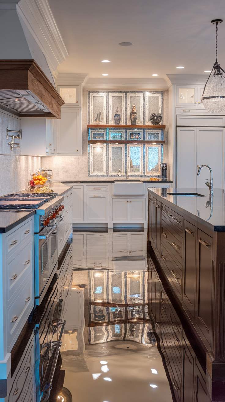 Luxurious metallic epoxy flooring in a modern kitchen.