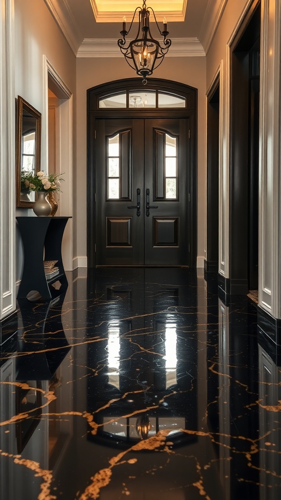 Modern interior with metallic epoxy floors showcasing elegant swirls of gray and silver.