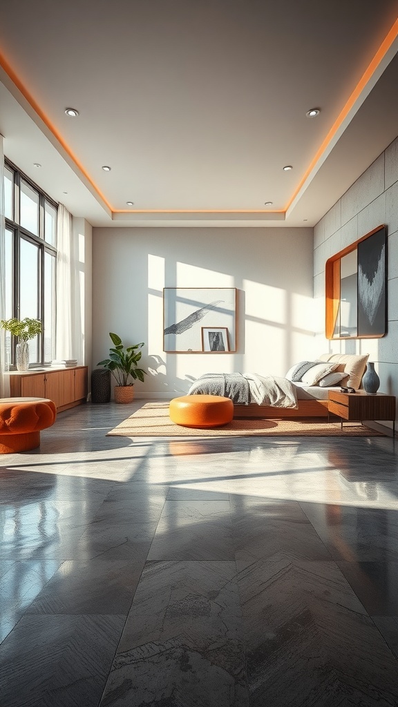 A modern bedroom featuring metallic epoxy flooring, with orange accents in furniture and natural light streaming in.