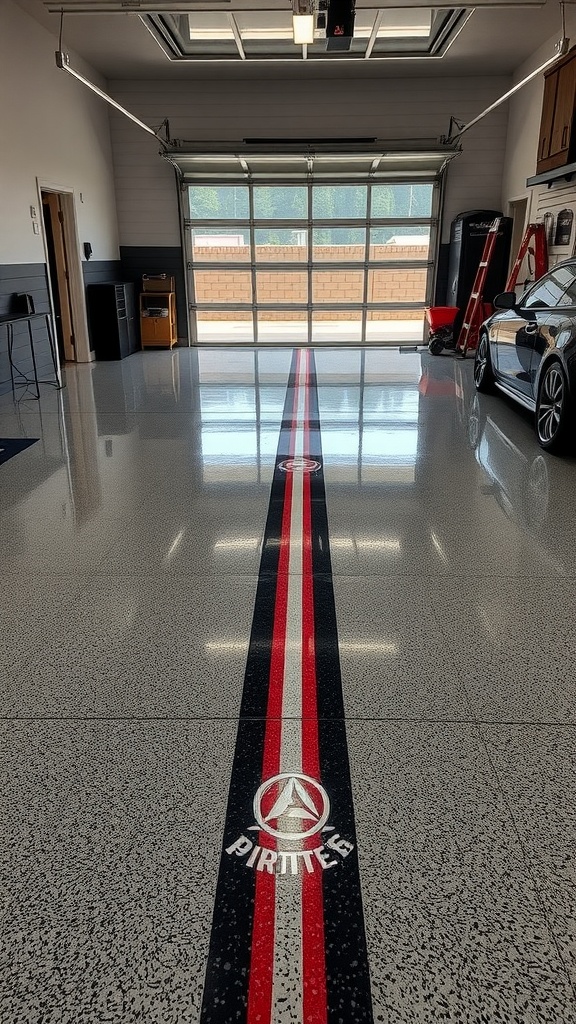 A garage showcasing a metallic epoxy floor with a modern design and reflective surface.