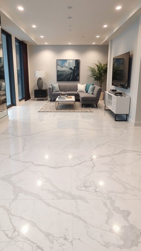 A modern living room with metallic epoxy flooring and contemporary decor.
