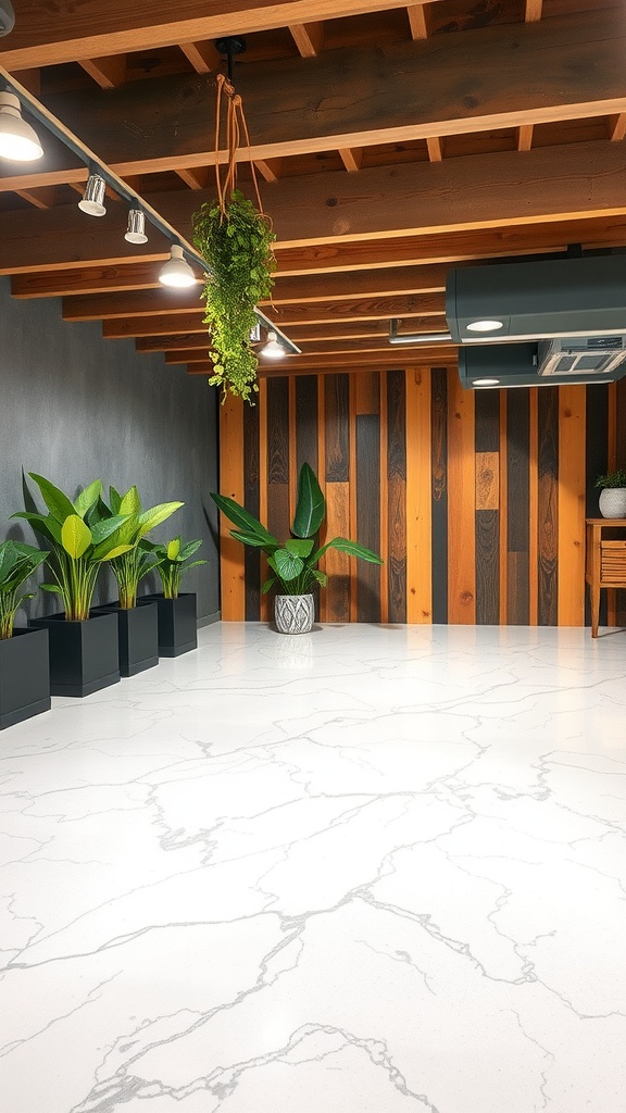 A basement with metallic epoxy flooring featuring swirling patterns and bright ceiling lights