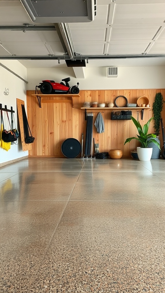 A vibrant metallic epoxy floor with swirls of colors in a garage setting.