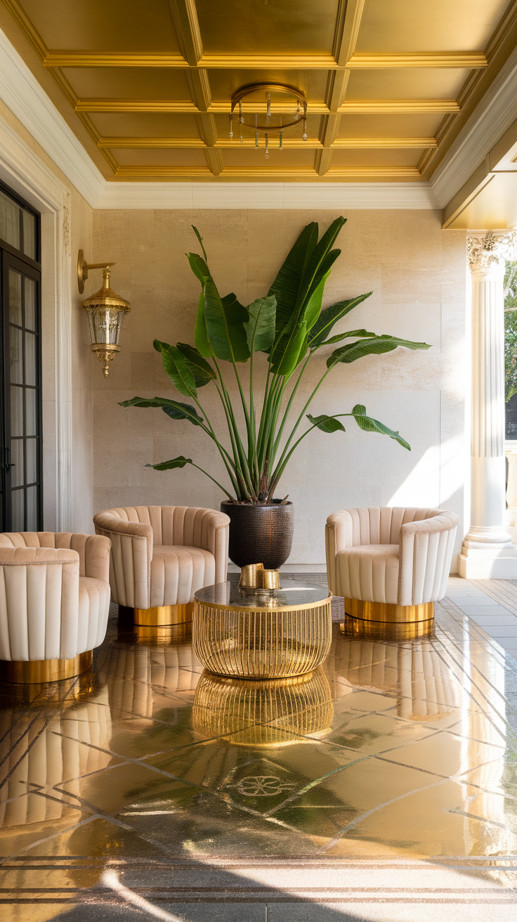 Stylish patio with metallic epoxy floor and luxurious seating