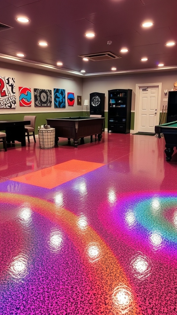 A stylish game room with a seamless metallic epoxy floor, featuring neon lights and a pool table.