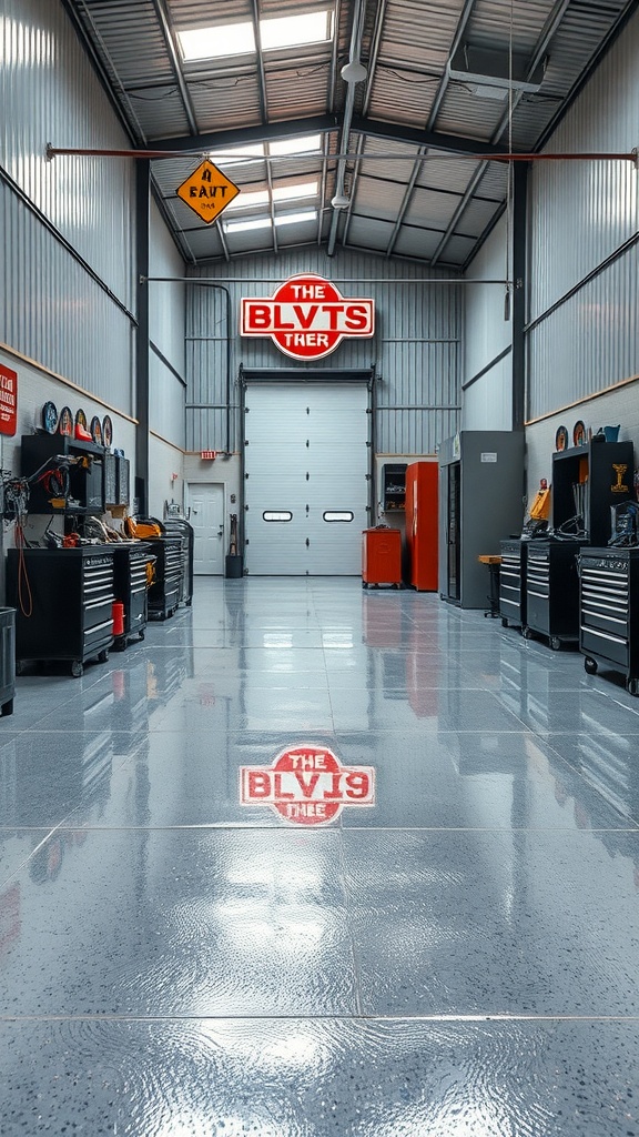 A spacious workshop with shiny metallic epoxy flooring and modern decor.