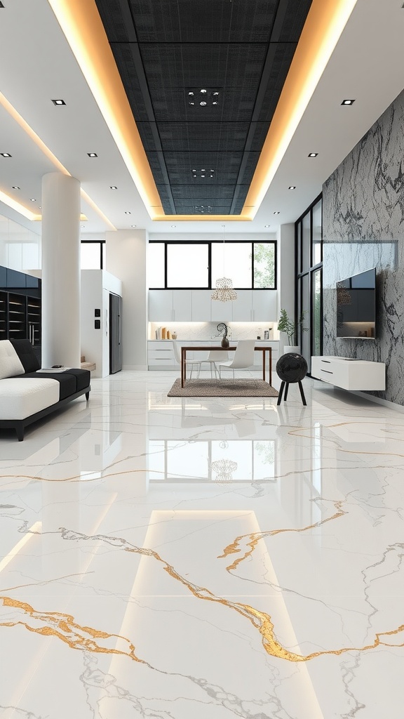 Modern living room with marble epoxy flooring featuring gold veins.