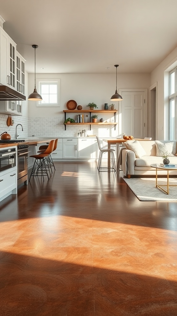 A modern kitchen and living area featuring a warm brown metallic epoxy floor, white cabinetry, and wooden accents.