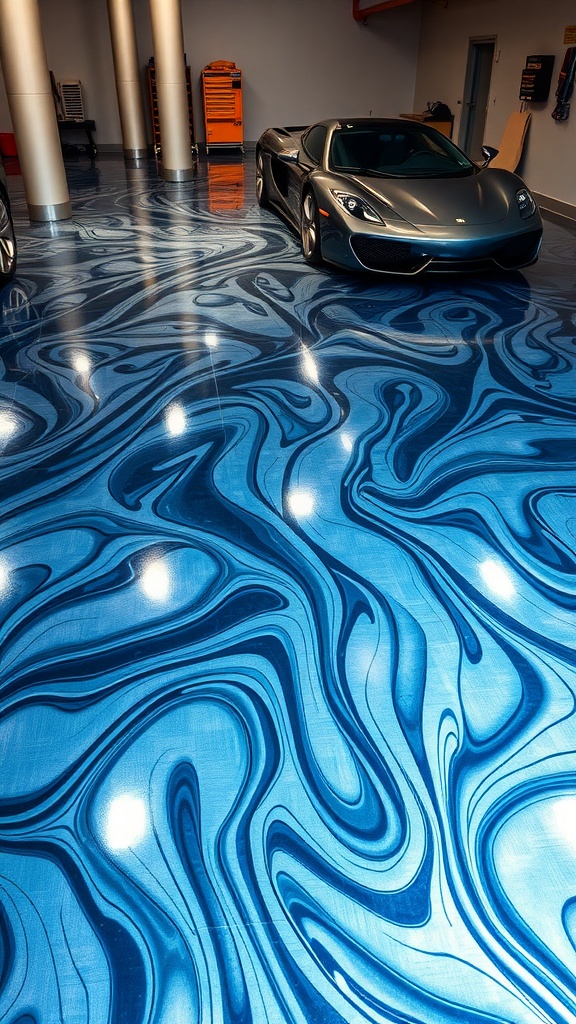 Before and after image showcasing a garage floor transformation with metallic epoxy coating.