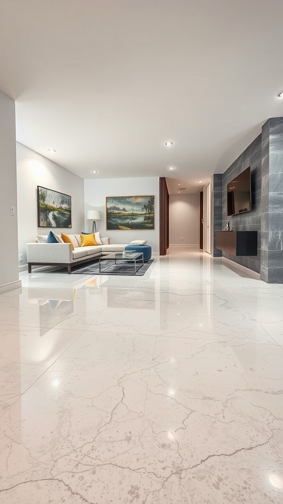 A stylish living room with white and grey epoxy flooring, showcasing a modern aesthetic.
