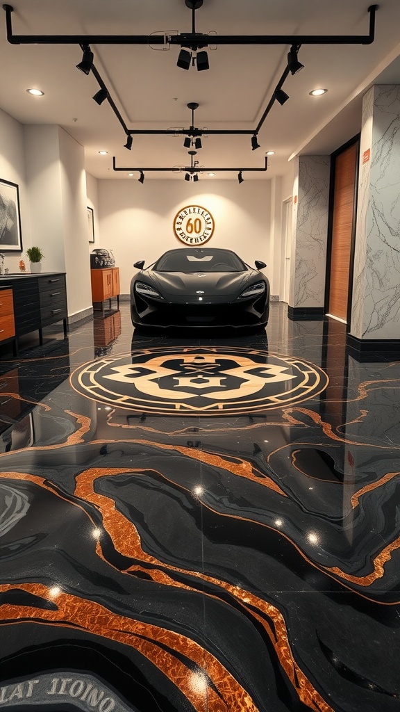 A sleek black and gold metallic epoxy floor with a luxury car in a modern showroom.