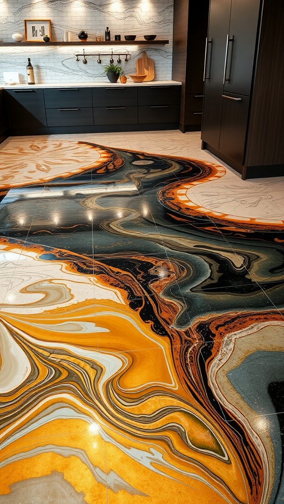 A beautifully designed metallic epoxy floor with swirling patterns in gold, black, and gray.