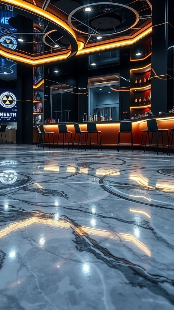 A sleek metallic epoxy floor with shimmering effects in a modern setting