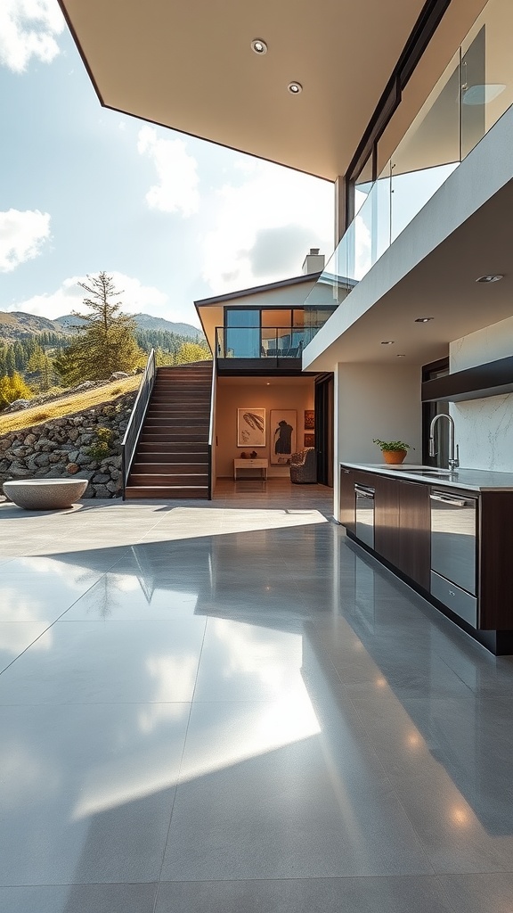 Interior view of a modern hillside home with metallic epoxy flooring and large windows