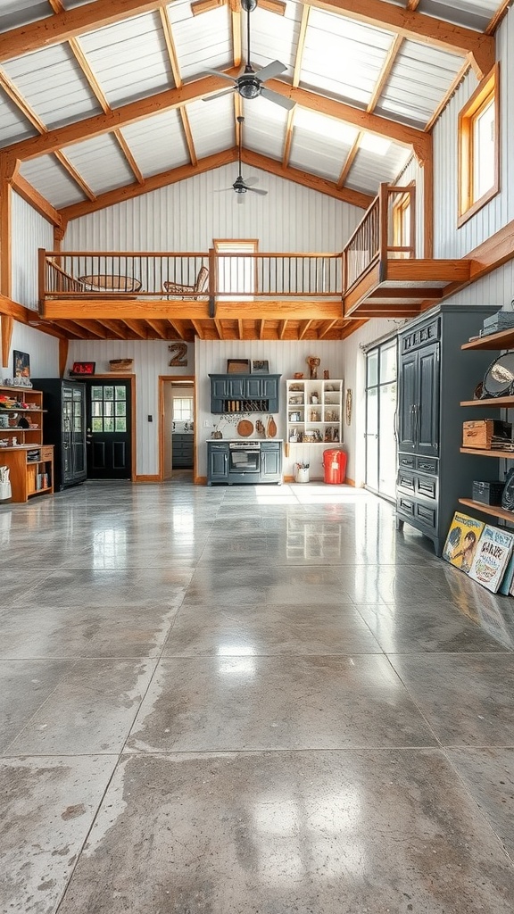 Interior of a stylish barn with metallic epoxy floor and wooden beams