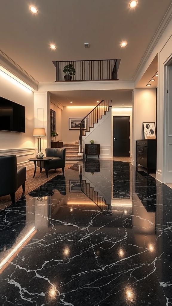 A luxurious living room with a black marble-style epoxy floor, showcasing a modern and elegant design.