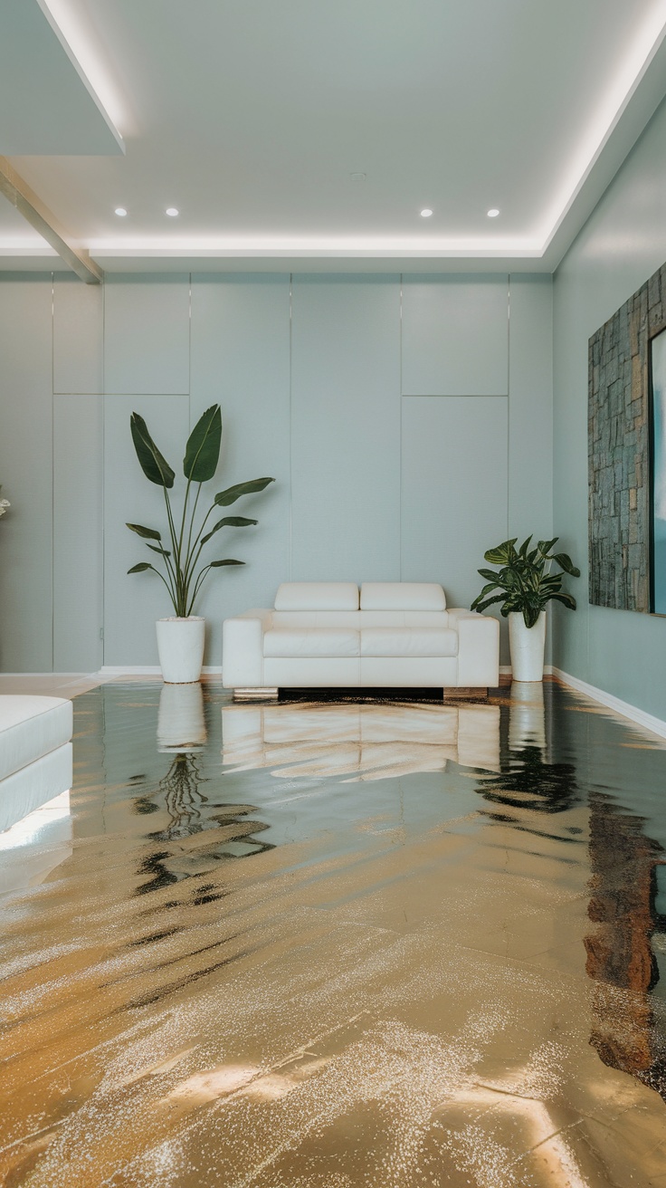 A modern living space featuring glossy metallic epoxy flooring and contemporary furnishings.