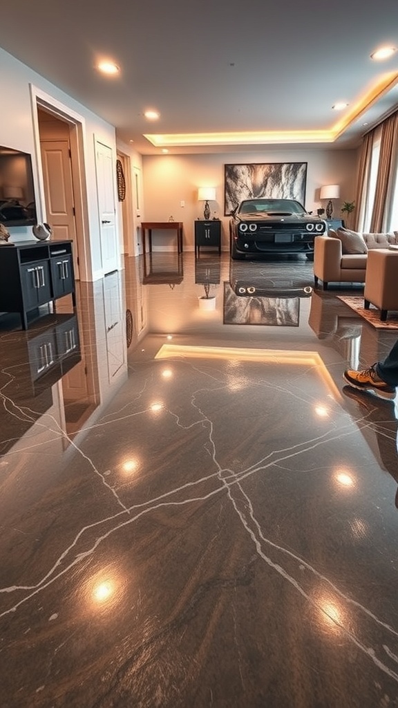 A modern living space featuring a sleek metallic epoxy floor with reflections and stylish furniture.
