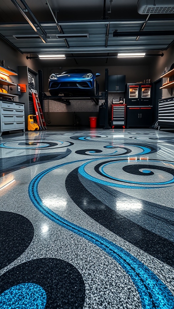 A sleek garage with metallic black and blue epoxy flooring and a car on a lift.