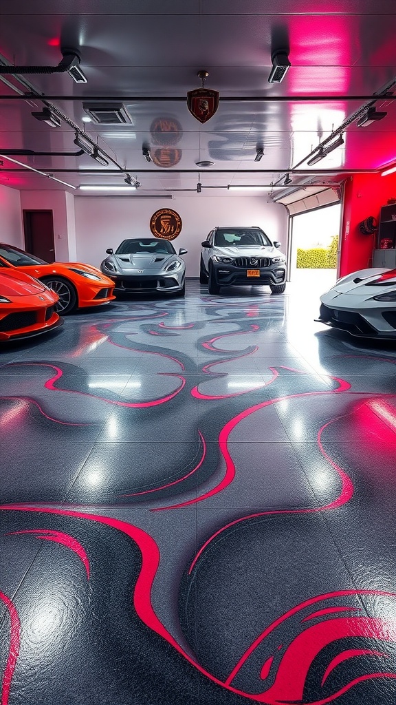 A stylish garage featuring a metallic epoxy floor with red swirls and luxury cars.