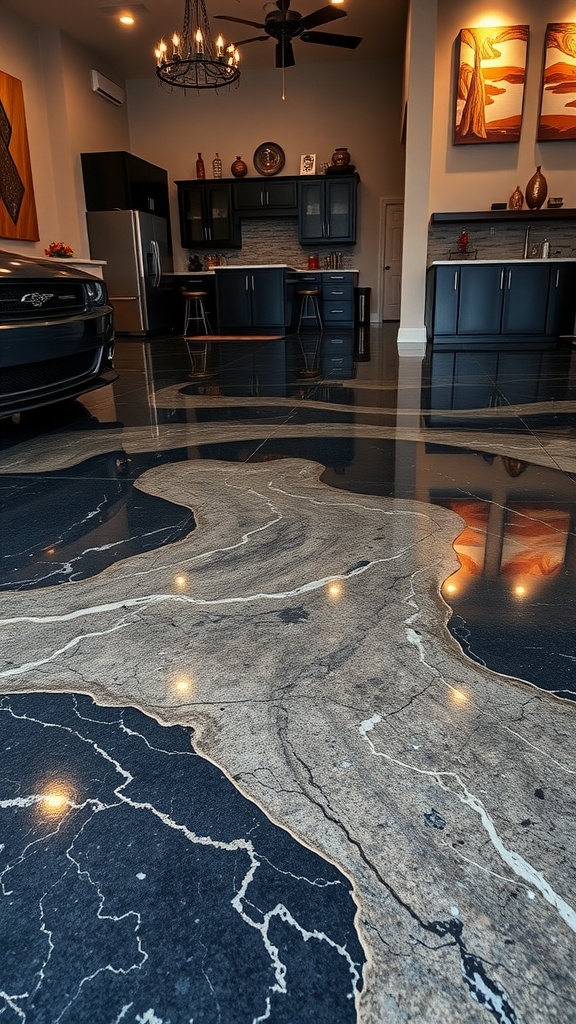 Interior view featuring a beautiful black marble epoxy floor, showcasing a modern kitchen design with stylish decor.